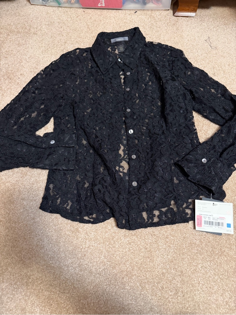 NWT Liz Claiborne Black Floral Lace Button-Down Shirt Size 10